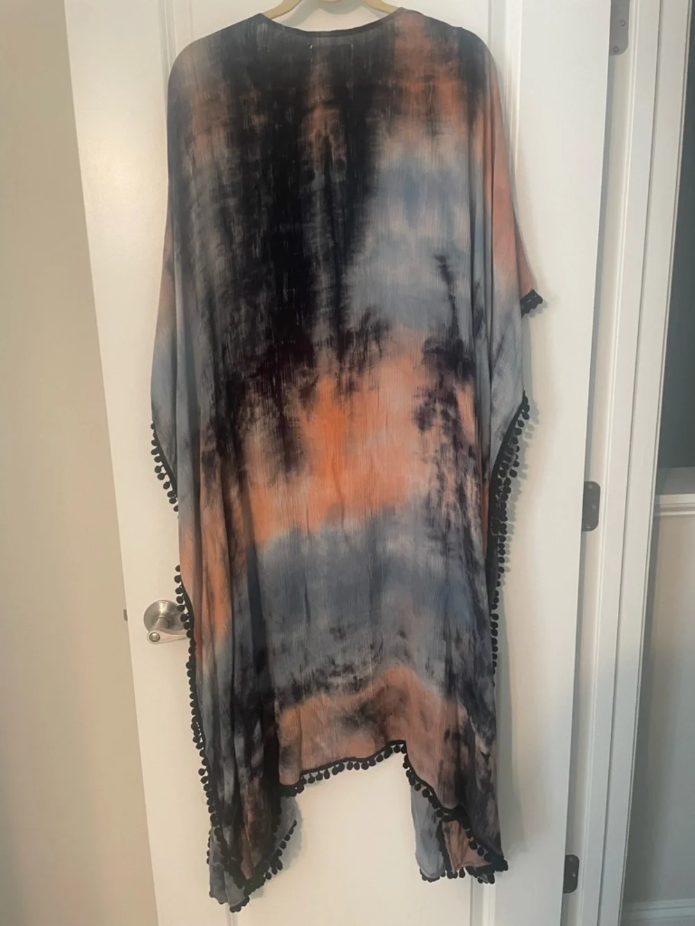Natural Life Black, Blue, and Peach Tie Dye Long Duster with Black Pom Detail OS - Picture 2 of 4
